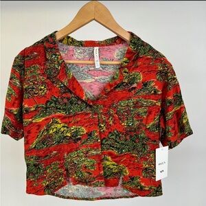 RVCA Women's Vibrant Red and Green Button Down Shirt